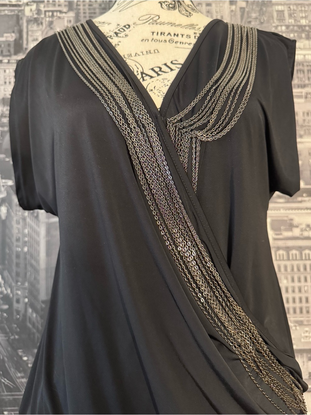 Black Draped Surplice Top w. Silver Metallic Chain Embellishment - Picture 3 of 5